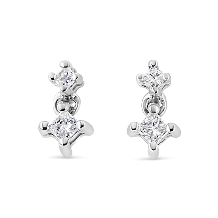 14K White Gold 1/4ctw Princess-Cut Double Diamond Drop and Dangle Stud Earrings