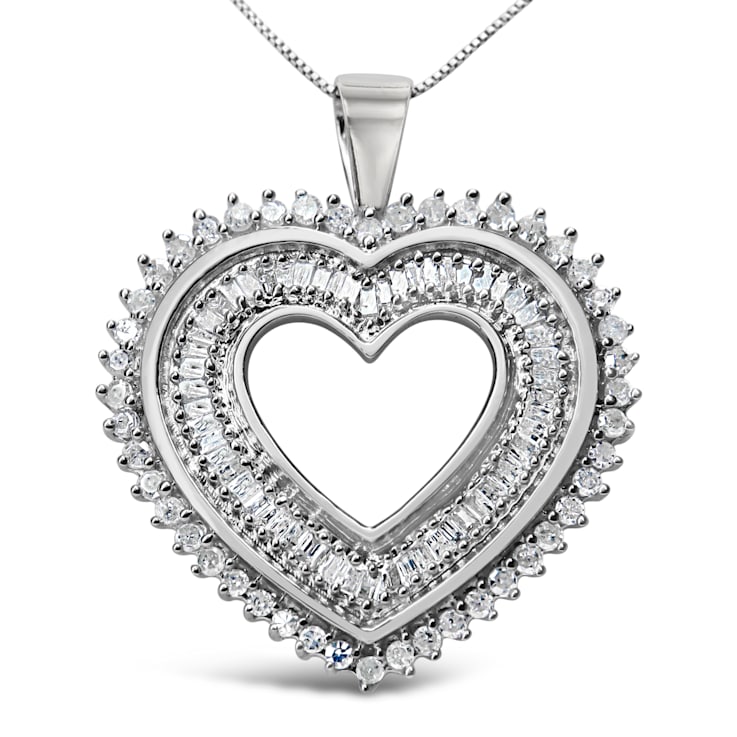 Sterling Silver 1.0ctw Baguette and Round Diamond  Heart Pendant w\chain 18"