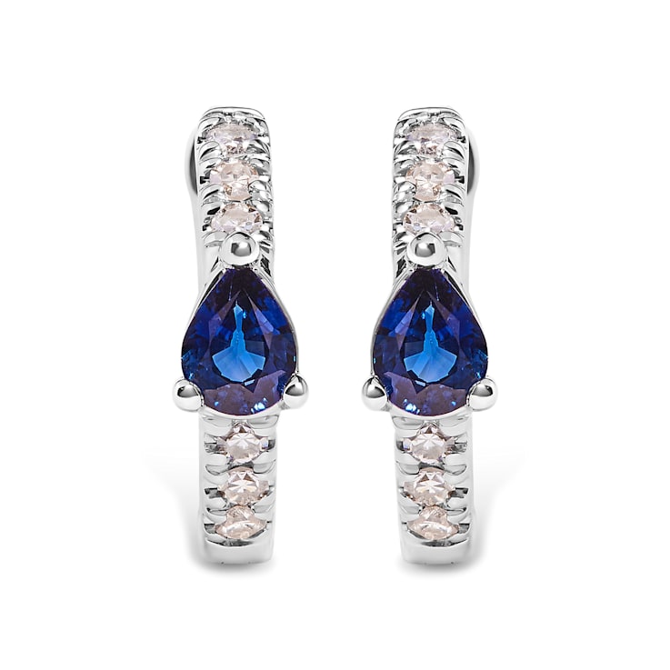 10K White Gold Pear Shaped Blue Sapphire and 1/10 Cttw Diamond Huggy
Hoop Earrings