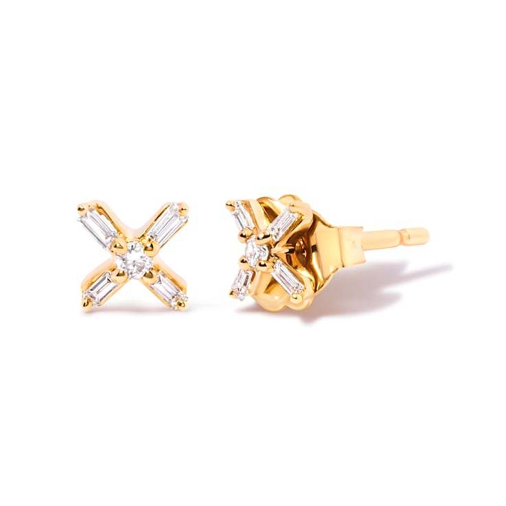10K Yellow Gold 1/10 Cttw Round and Baguette Diamond Criss Cross X Stud Earring