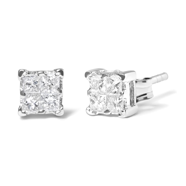 .925 Sterling Silver 1/4 Cttw Invisible Set Princess Diamond Composite
Quad Stud Earrings
