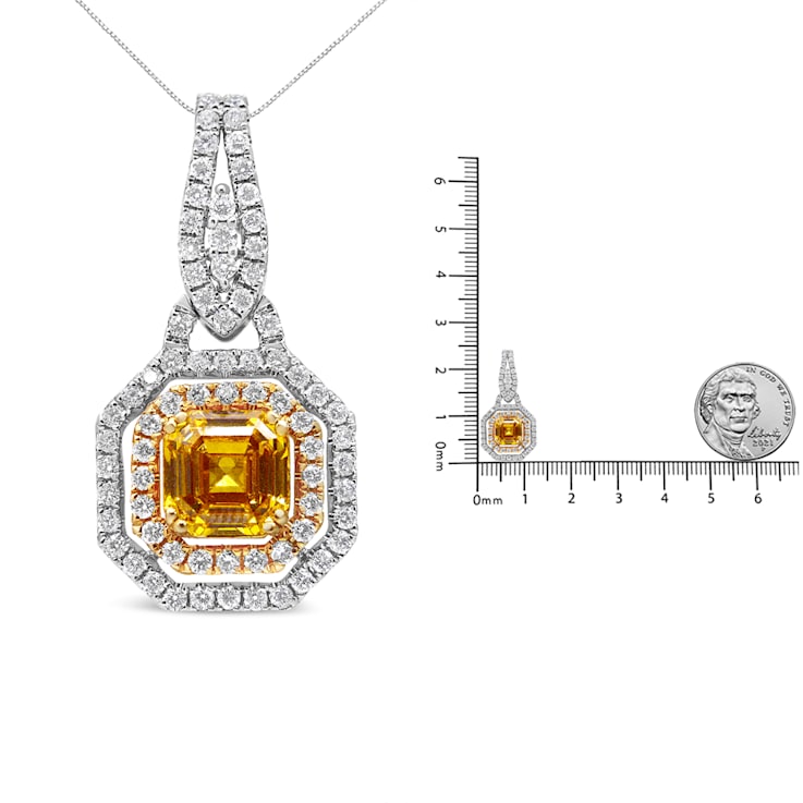 18K White and Yellow Gold 2 3/5 Cttw Lab Grown Yellow Asscher Diamond
Double Halo Pendant Necklace