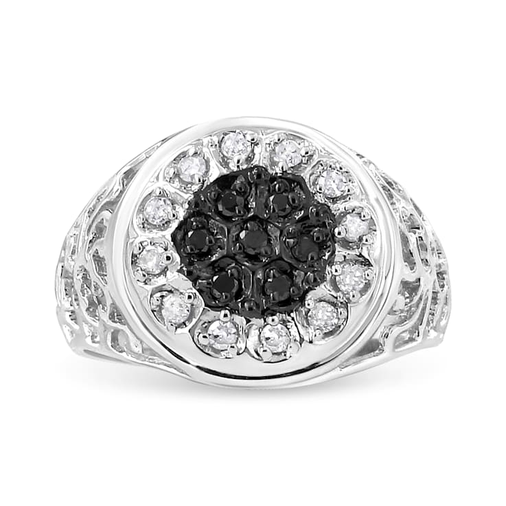 Sterling Silver 1/4ctw White and Black Diamond Halo Cluster Ring for Men
(I-J Color, I3 Clarity)