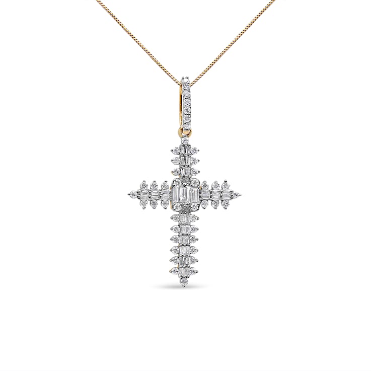 0.875ctw Round and Baguette Diamond Zigzag Cross 10K Yellow Gold Pendant