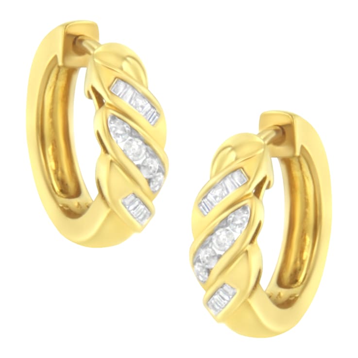 14K Yellow Gold 1/4ctw Alternating 3 Row Baguette and Round Diamond
Huggie Hoop Earrings