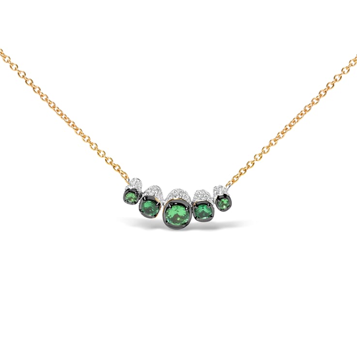 18K Rose Gold Multi-Size Round Tsavorite and Pave Round Diamonds Curved
Bar Necklace
