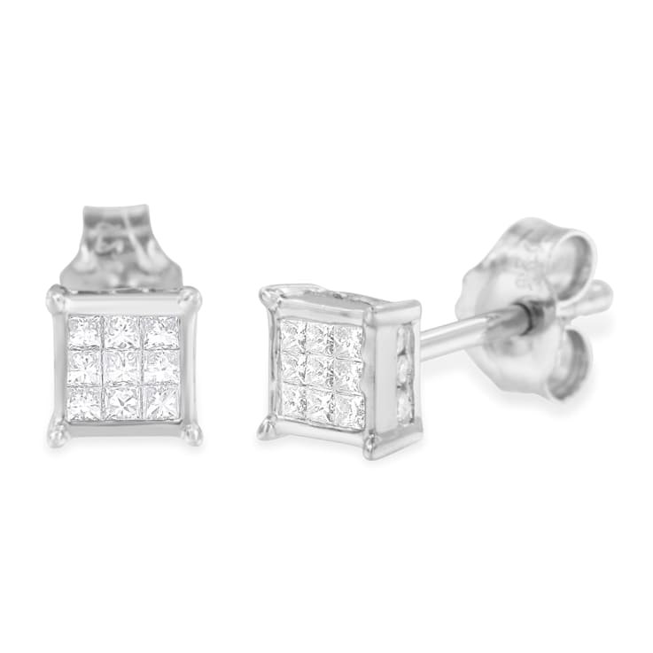 Sterling Silver Princess Cut Diamond Square Stud Earrings .30ctw