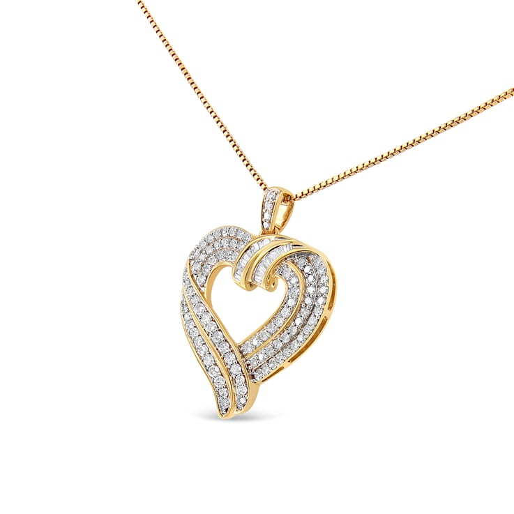 1.00ctw Baguette Diamond Open 14K Yellow Gold Over Sterling Silver Heart Necklace