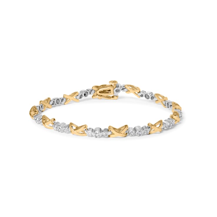 10K Two-Tone Gold 1/2ctw Diamond Alternating 3 Stone and X-Link Bracelet
(I-J Color, I2-I3 Clarity)