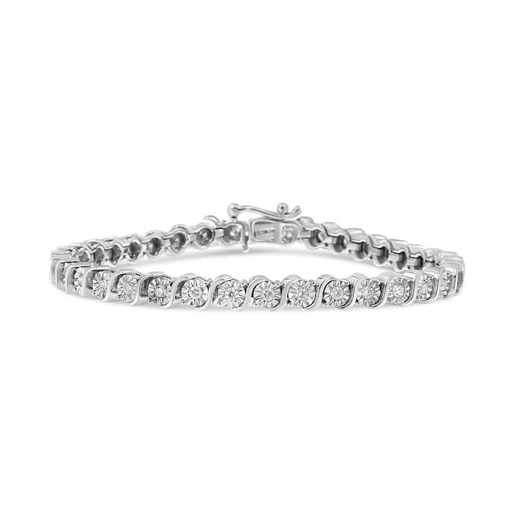 14K White Gold 1.0ctw Lab Grown Diamond Round Miracle Plate and
"S" Link Tennis Bracelet