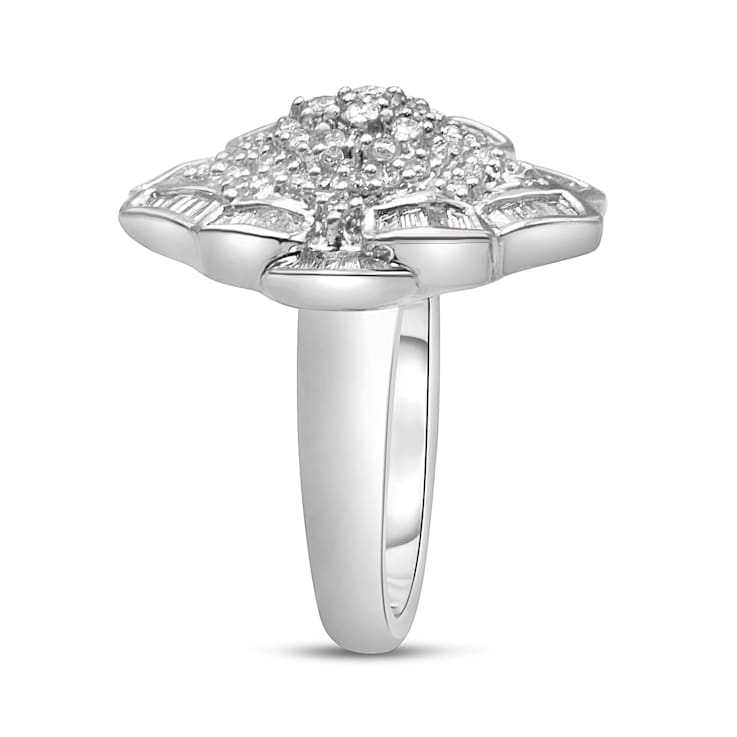 14K White Gold 7/8ctw Round and Baguette Diamond Cluster Ring (H-I
Color, SI2-I1 Clarity) - Size 7