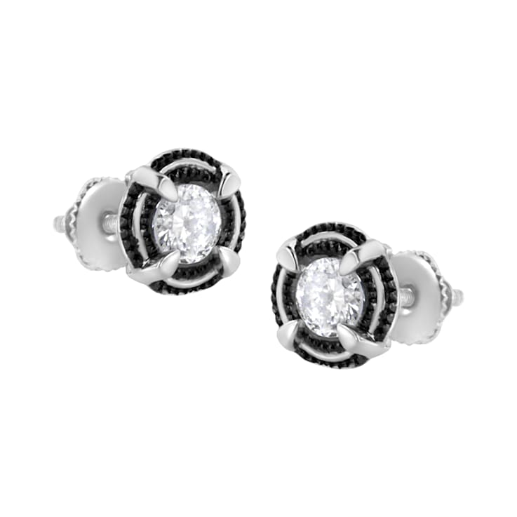 Black Rhodium Over Sterling Silver Round 1.0ctw Diamond Double Halo
Solitaire Stud Earrings