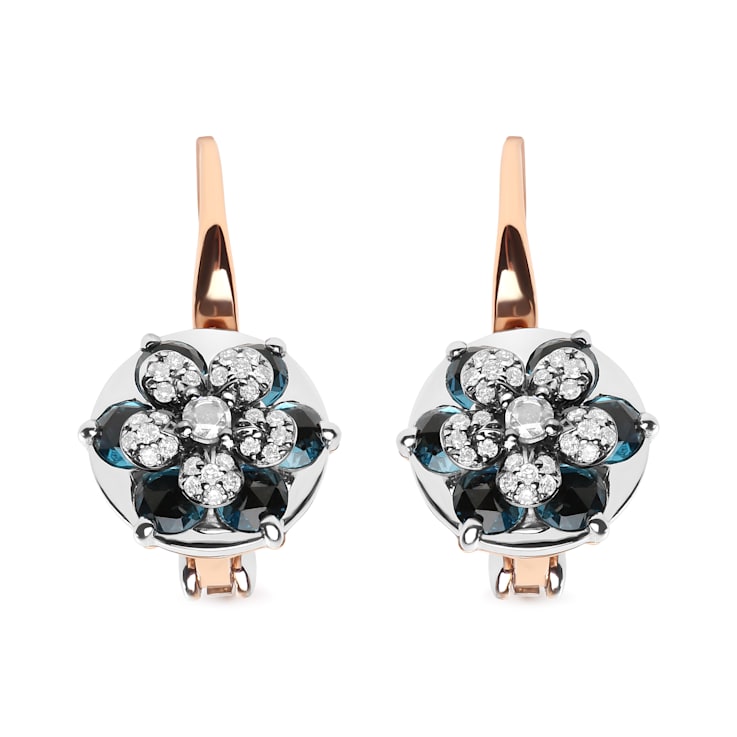 18K Two-tone Gold Round Blue Topaz and Round Diamonds Cluster Floral
Drop Hoop Earrings