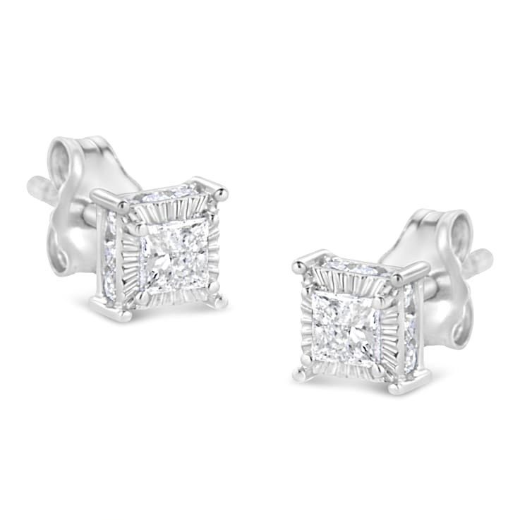 Sterling Silver 1/2ctw Princess-cut Diamond Stud Earring