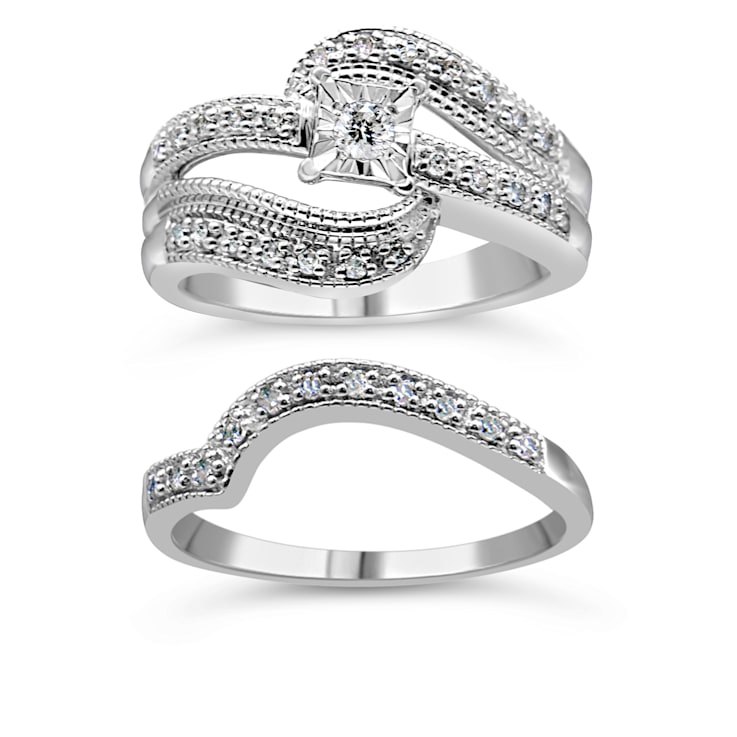 Sterling Silver 1/3ctw Diamond Crisscross Engagement Bridal Set
