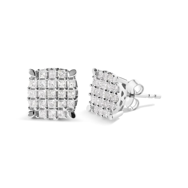 10K White Gold 3/4ctw Princess Diamond Composite Cushion Shape Stud Earrings
