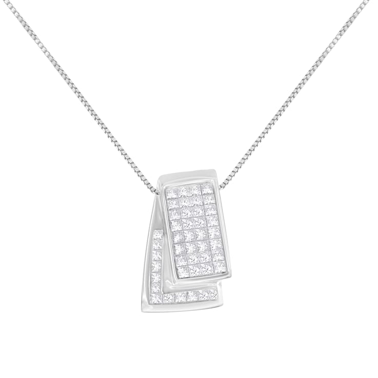 14K White Gold Diamond Box Pendant w\chain(1ctw, H-I Color, SI2-I1 Clarity)