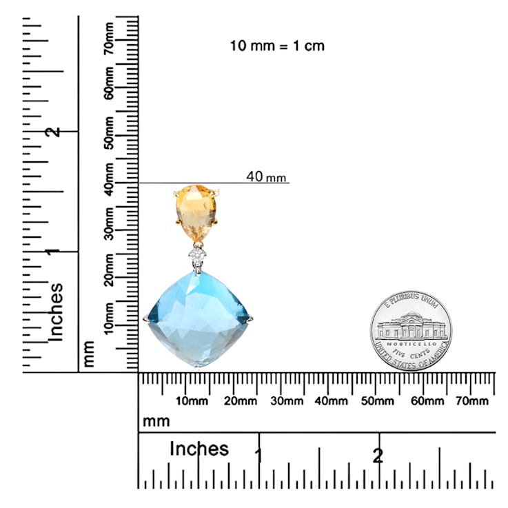 18K Two-tone Gold Cushion Blue Topaz and Pear Lemon Quartz with Diamond
Accent Dangle Drop Pendant