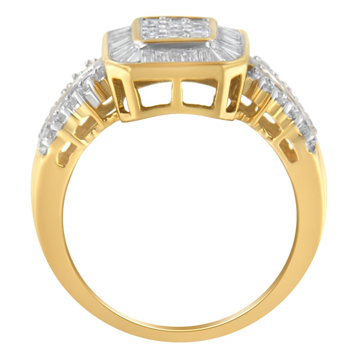 10K Yellow Gold Round and Baguette-Cut Diamond Cluster Ring (1.0 Cttw,
I-J Color, SI1-SI2 Clarity)