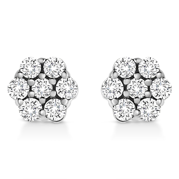 14K White Gold 1/2 Ctw Prong Set Round Diamond Flower Stud Earrings