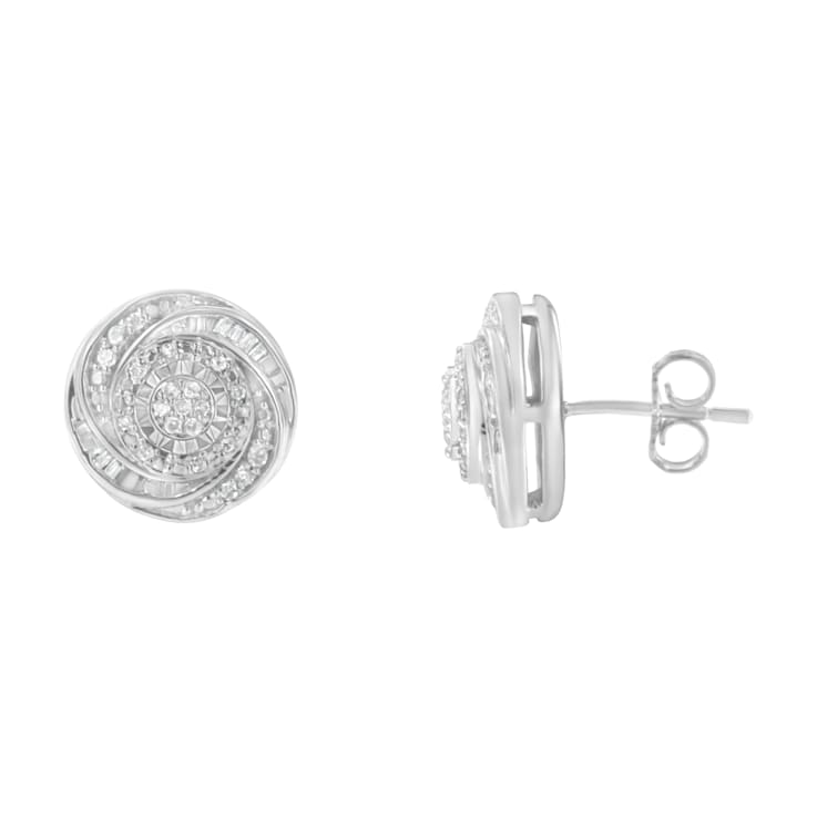 Sterling Silver .25ctw Baguette and Round Diamond Swirl Love Knot Stud Earrings