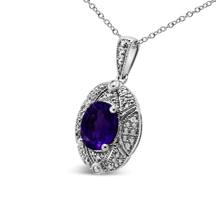 Sterling Silver Diamond Accent and 9x7mm Oval Amethyst Pendant w\chain 18"