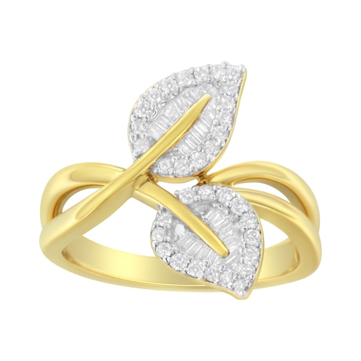 10K Yellow Gold 3/8ctw Round and Baguette-Cut Diamond Leaf Cocktail Ring
(I-J Color, I1-I2 Clarity)