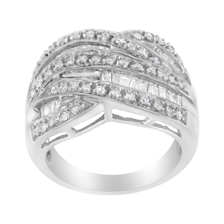 Sterling Silver 1.0ctw Channel Set Mixed Diamond Cross-over Bypass Ring
(I-J Color, I2-I3 Clarity)