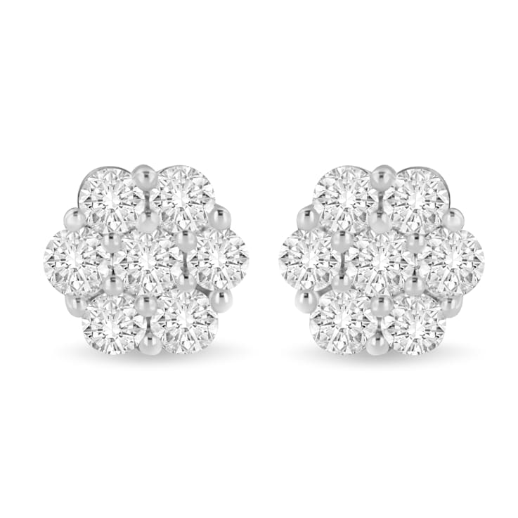 14K White Gold 3.0ctw Prong Set Round-Cut Diamond Floral Cluster Stud Earring
