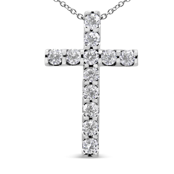 14K White Gold 1.00 Cttw Prong-Set Round Brilliant Cut Diamond Cross
18" Pendant Necklace