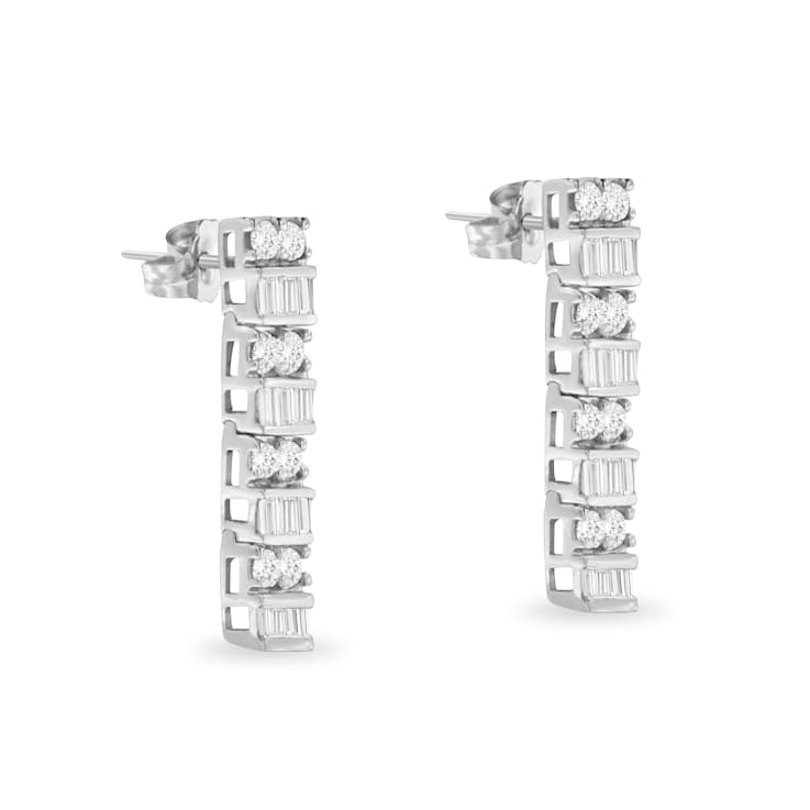 14K White Gold 1 1/3ctw Round and Baguette Cut Diamond Earrings