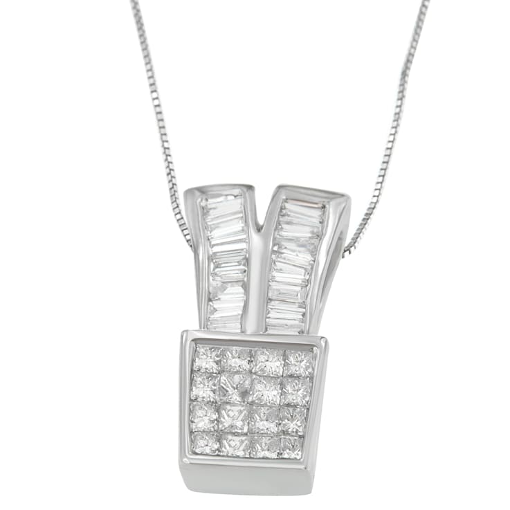 14K White Gold 1 1/3ctw Princess and Baguette Cut Diamond Pendant
w\chain(H-I, SI1-SI2)