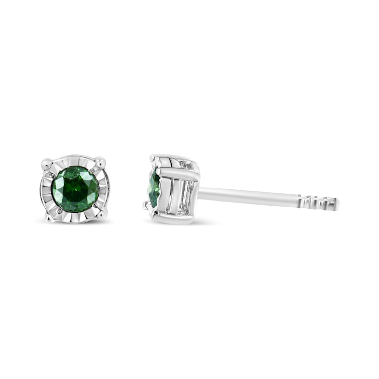 Sterling Silver Rose Cut Treated Green Diamond Solitaire Stud Earrings 0.25ctw