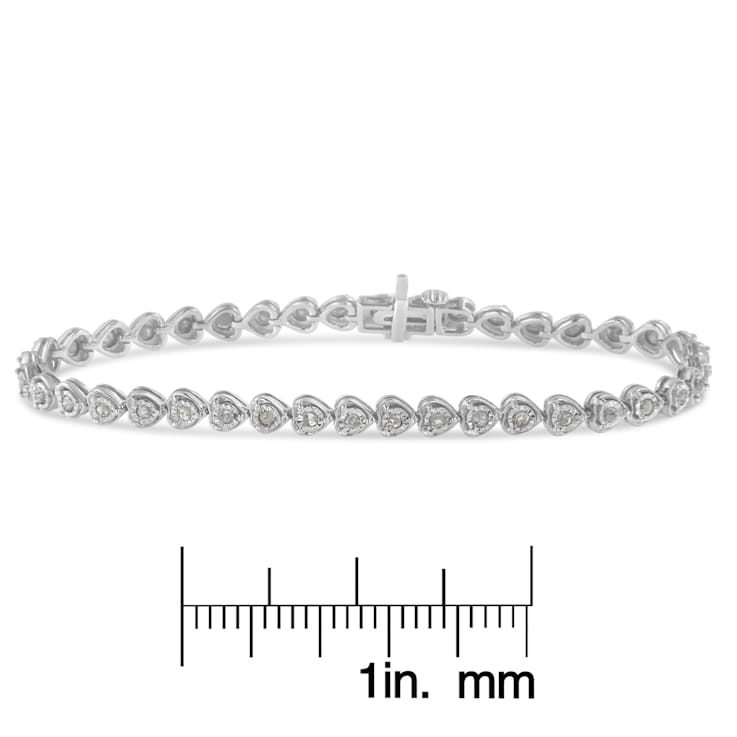 Rhodium Over Sterling Silver 1.0 Ctw Diamond Heart Tennis Bracelet