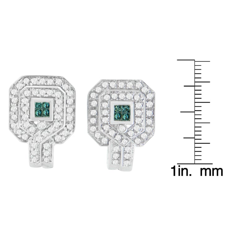 14K White Gold 1ctw Round and Princess-cut Treated Blue Diamond Earrings
