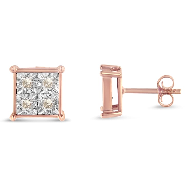 10K Rose Gold Over Sterling Silver Princess Diamond Quad Stud Earrings 0.5ctw