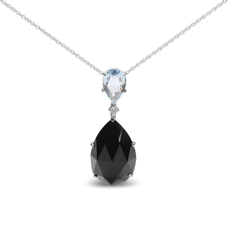 18K White Gold Pear Cut Blue Topaz and Black Onyx Gemstone with Diamond
Accent Dangle Drop Pendant