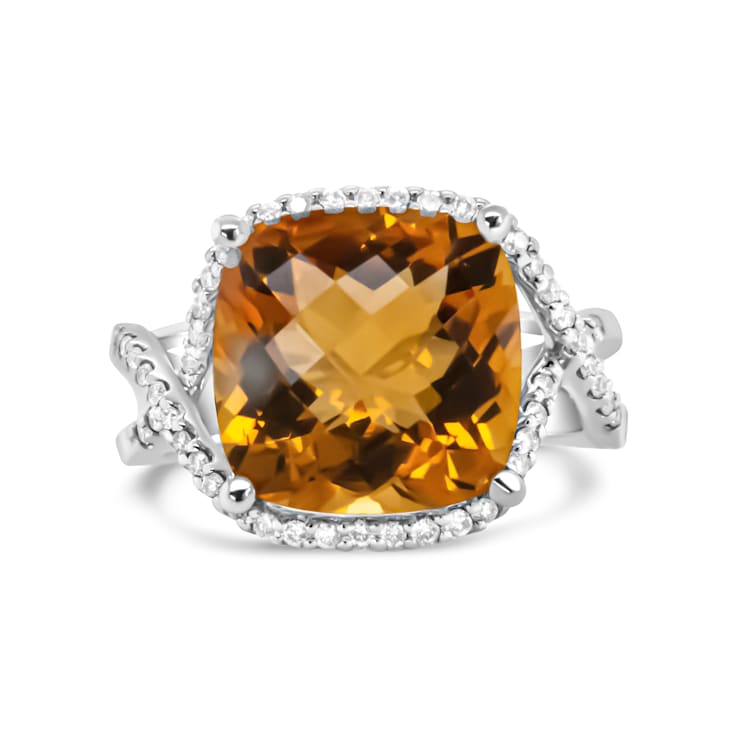 14K White Gold Cushion Citrine and 1/3ctw Round Diamond Ring(H-I Color,
VS1-VS2 Clarity)- Size 6.5