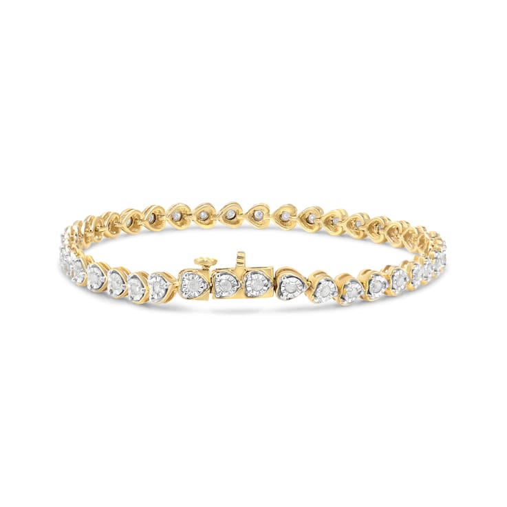 10K Yellow Gold Over Sterling Silver 1.0 Ctw Diamond Heart Tennis Bracelet