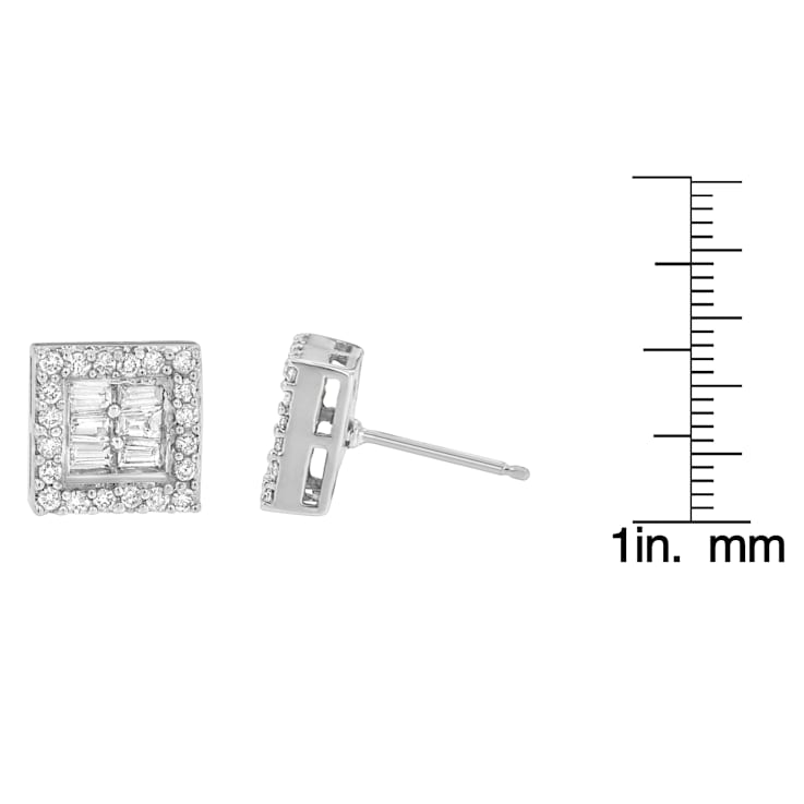 14K White Gold 1.0ctw Round and Baguette Diamond Stud Earrings