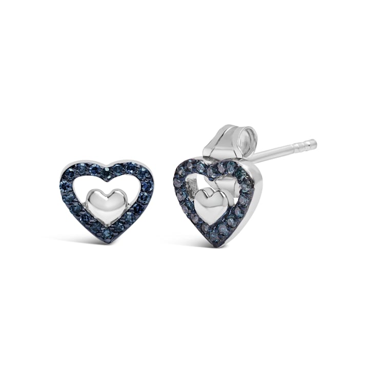 Sterling Silver 1/6 Cttw Blue Diamond Open Double Heart Stud Earrings