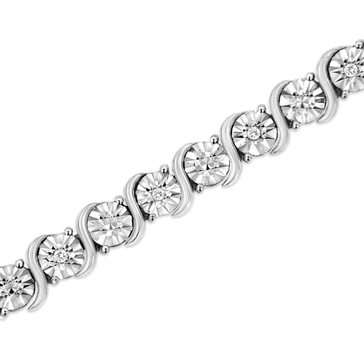 Rhodium Over Sterling Silver 1/10 Cttw Diamond "S" Tennis Bracelet