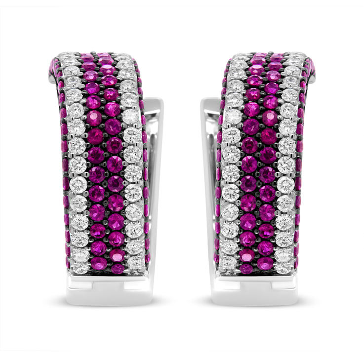 18K White Gold 1 7/8 Cttw Diamond and 1mm Round Red Ruby Open Swish Hoop Earrings