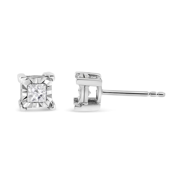 Sterling Silver 1/3ctw Miracle Set Princess-cut Diamond Solitaire Stud Earrings