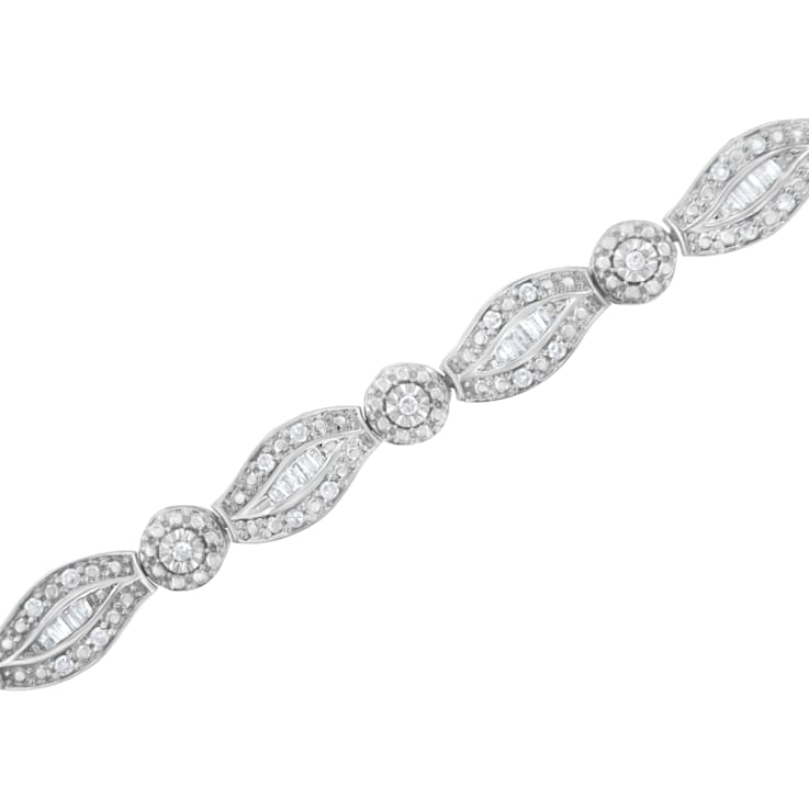 Sterling Silver 1.0ctw Diamond Double Leaf and Bezel Link Bracelet