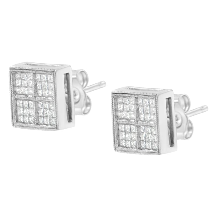 0.50ctw Princess Diamond Box Shape Milgrain Stud 14K White Gold Earrings