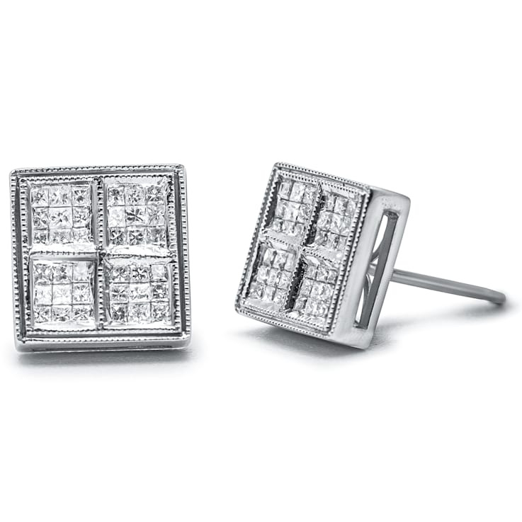 0.50ctw Princess Diamond Box Shape Milgrain Stud 14K White Gold Earrings