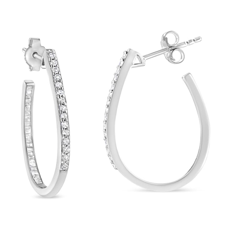 Sterling Silver 1/2ctw Round and Baguette-Cut Diamond Inside-Outside
Hoop Earrings