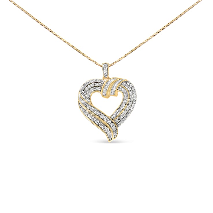 1.00ctw Baguette Diamond Open 14K Yellow Gold Over Sterling Silver Heart Necklace