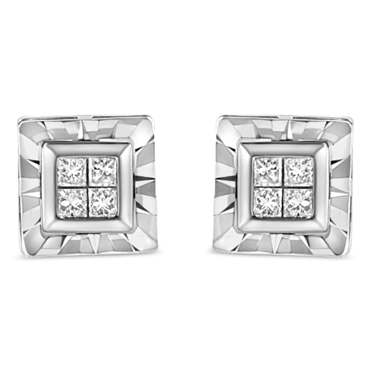 Sterling Silver 1/6ctw Invisible Set Princess-Cut Diamond Quad Stud Earrings